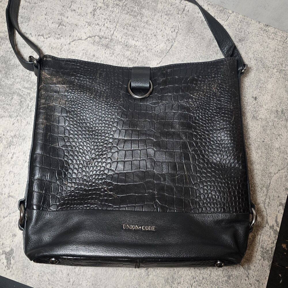 UNION CODE BLACK LEATHER CROCODILE CROSSBODY BAG GENUINE LEATHER LONG ADJ STRAP